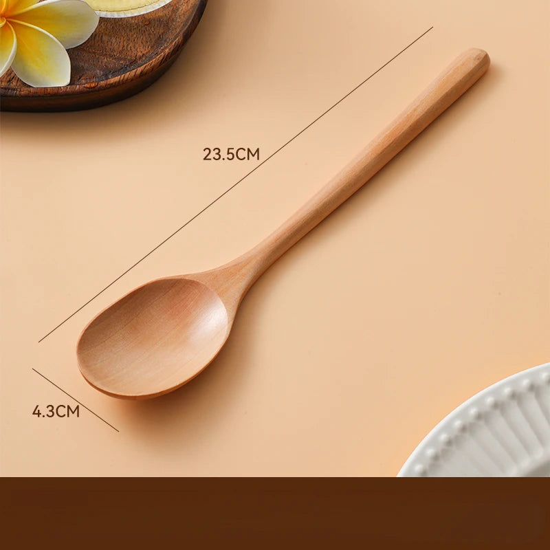 Japanese Wooden Soup Spoons - Long Handle Solid Wood for Ramen, Noodles & Household Use