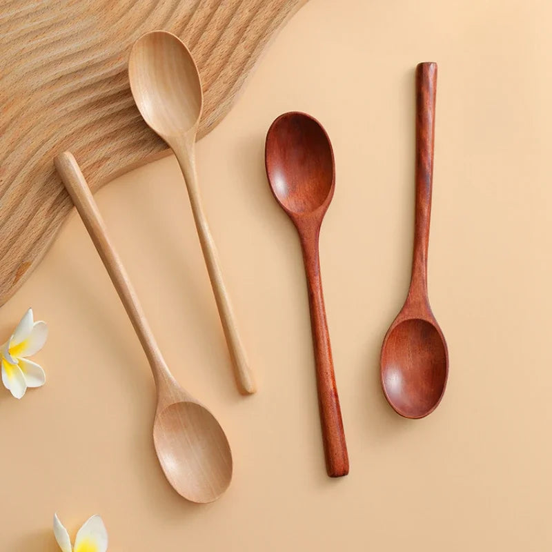 Japanese Wooden Soup Spoons - Long Handle Solid Wood for Ramen, Noodles & Household Use