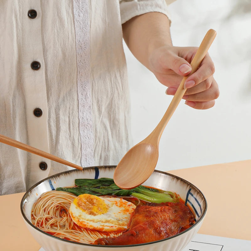 Japanese Wooden Soup Spoons - Long Handle Solid Wood for Ramen, Noodles & Household Use