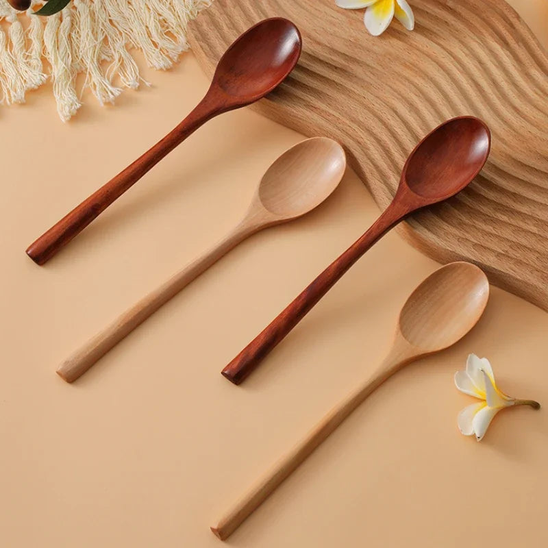 Japanese Wooden Soup Spoons - Long Handle Solid Wood for Ramen, Noodles & Household Use