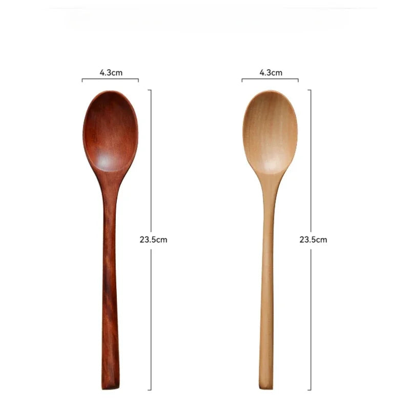 Japanese Wooden Soup Spoons - Long Handle Solid Wood for Ramen, Noodles & Household Use