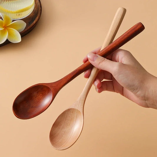 Japanese Wooden Soup Spoons - Long Handle Solid Wood for Ramen, Noodles & Household Use