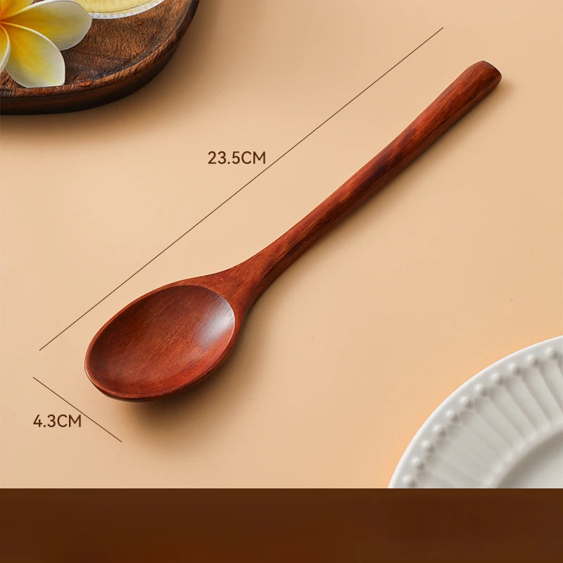 Japanese Wooden Soup Spoons - Long Handle Solid Wood for Ramen, Noodles & Household Use